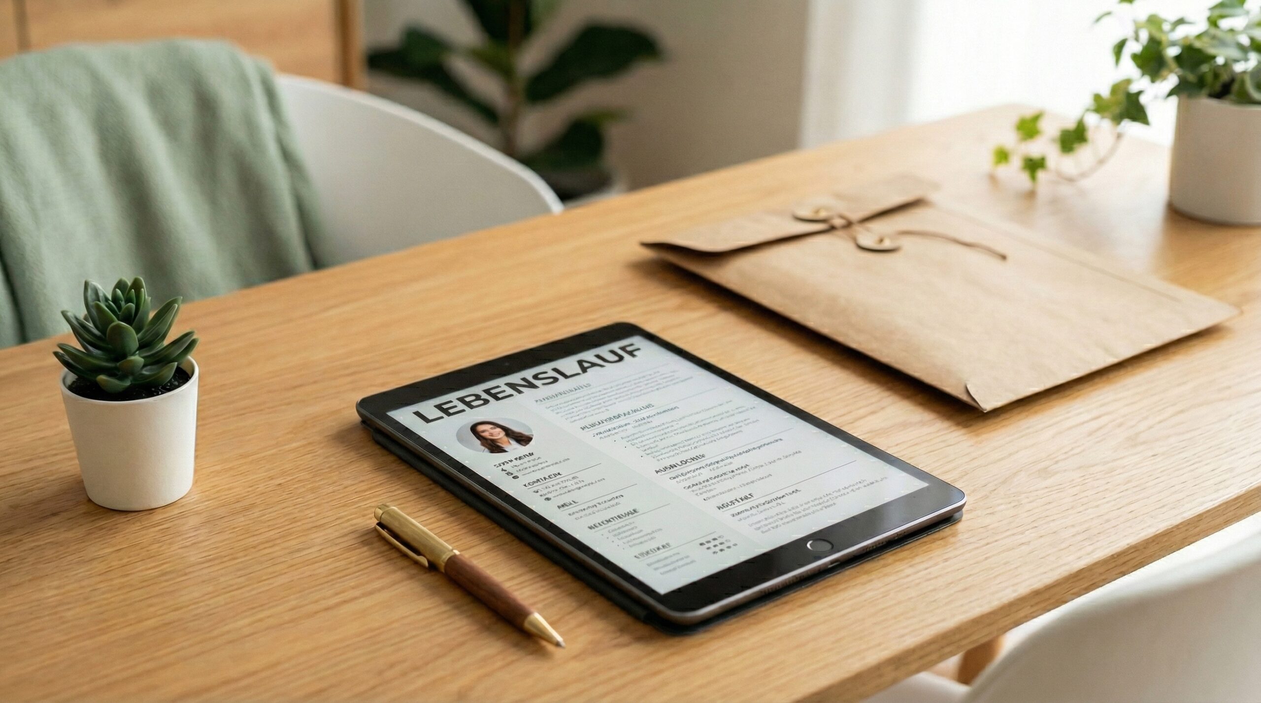 Nahaufnahme eines schwarzen Tablets auf einem hellen Holztisch, das einen digitalen Lebenslauf mit der Überschrift "LEBENSLAUF" und einem Foto einer Frau anzeigt. Daneben liegen ein bronzener Stift, ein geschlossener brauner Umschlag und eine kleine Sukkulente im weißen Topf. Der Hintergrund ist ein helles, leicht unscharfes Büro.